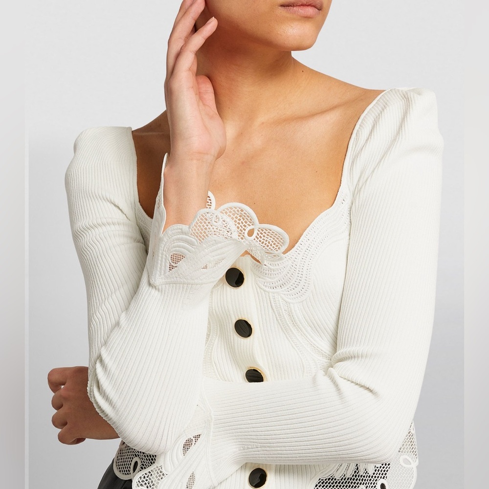 Self-Portrait
Women's White Lace-insert Rib-knit Cardigan